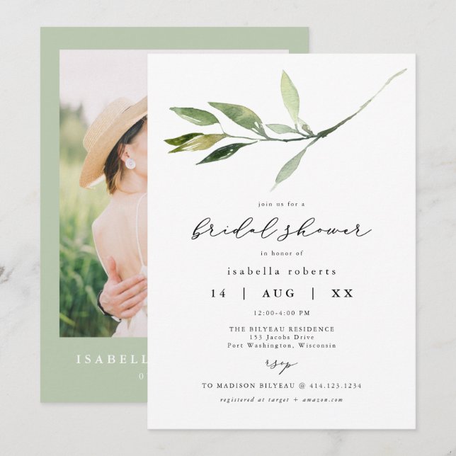 ISABELLA Elegant Minimalist Greenery Bridal Shower Invitation (Front/Back)