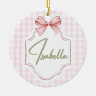 Isabella Personalized Pink Bow & Gingham Print Ceramic Tree Decoration