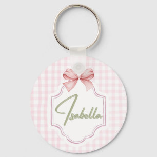 Isabella Personalized Pink Bow & Gingham Print Key Ring