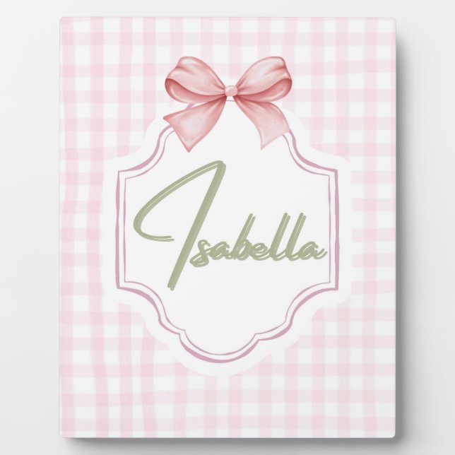 Isabella Personalized Pink Bow & Gingham Print  Plaque (Front)