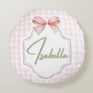 Isabella Personalized Pink Bow & Gingham Print  Round Cushion