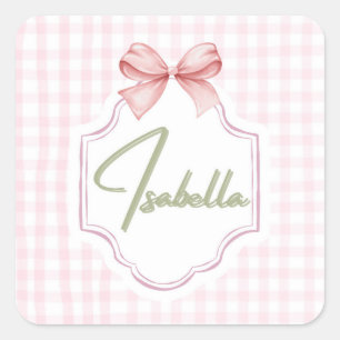 Isabella Personalized Pink Bow & Gingham Print  Square Sticker