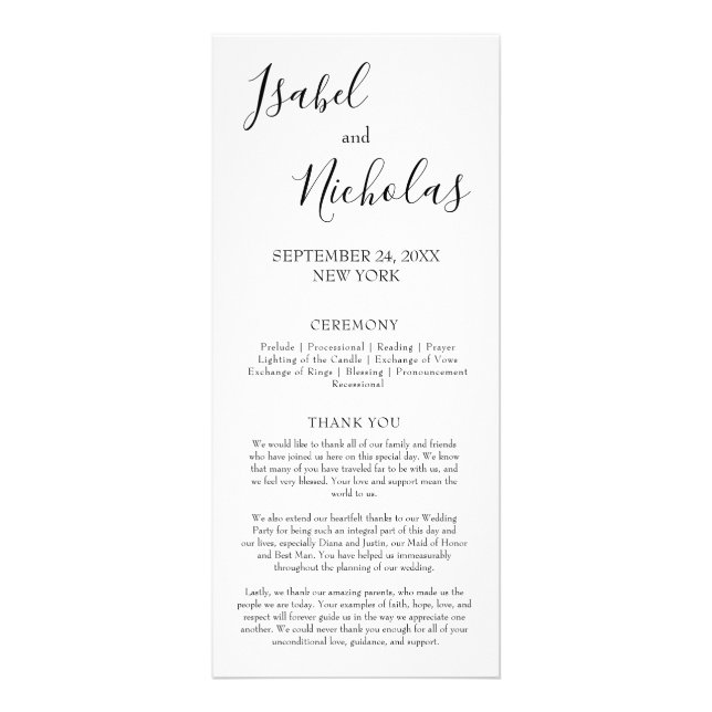 Isabella Simple Modern Calligraphy Wedding Program Rack Card (Front)