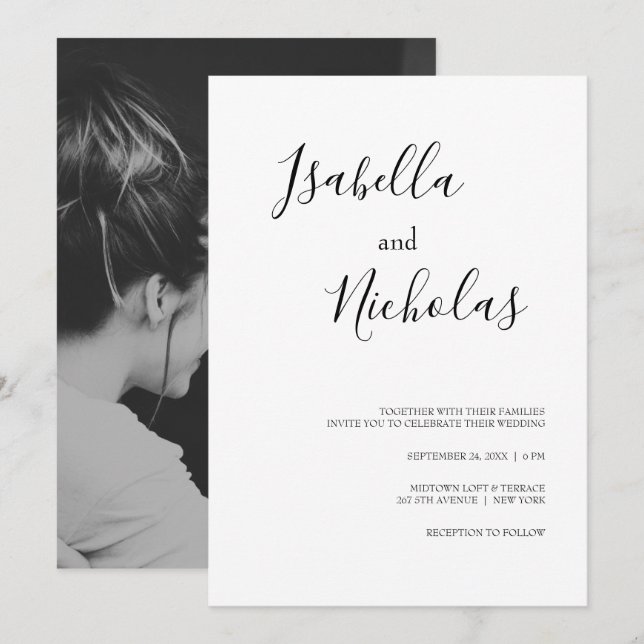 Isabella Simple Modern White Black Photo Wedding Invitation (Front/Back)