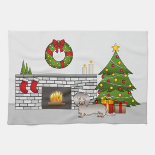 Isabella & Tan Long Hair Dachshund Christmas Room Tea Towel