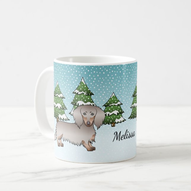 Isabella & Tan Long Hair Dachshund Winter Forest Coffee Mug (Front Left)
