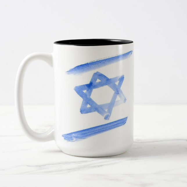 Isaeli flag coffee mug, light blue graphic Two-Tone coffee mug (Left)