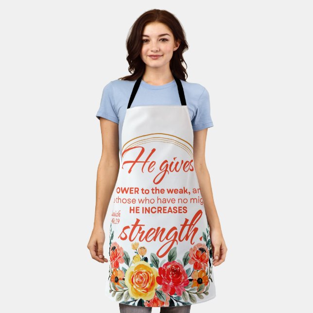 Isaiah 40:29 He gives power Red Floral Scripture Apron (Worn)