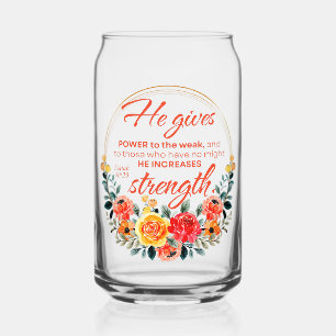 Isaiah 40:29 He gives power Red Floral Scripture Can Glass