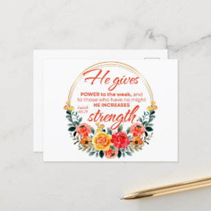 Isaiah 40:29 He gives power Red Floral Scripture Postcard