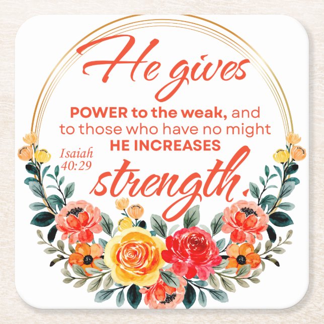 Isaiah 40:29 He gives power Red Floral Scripture Square Paper Coaster (Front)
