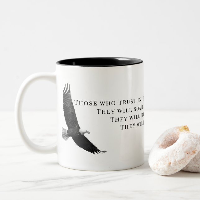 Isaiah 40:31 Black and White Eagle Soaring  Two-Tone Coffee Mug (With Donut)