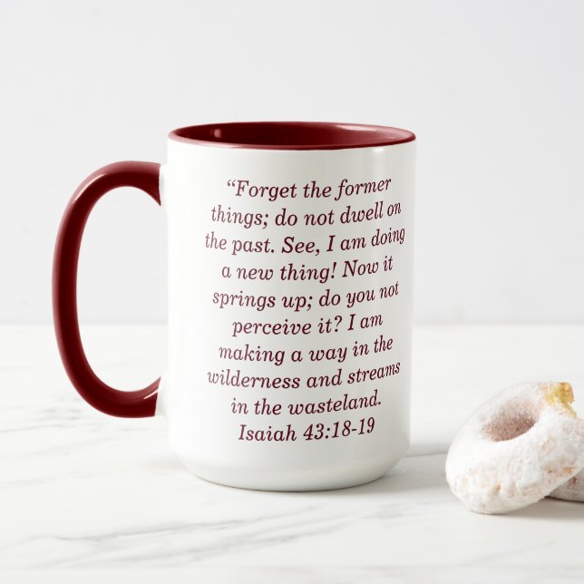 Isaiah 43:18 Custom Scripture Two-Tone Coffee Mug (With Donut)