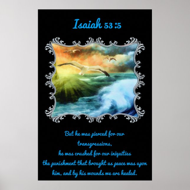 Isaiah 53:5 With seagulls flying over the open sea Poster (Front)