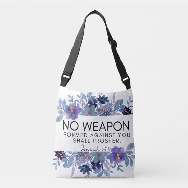 Isaiah 54:17 No Weapon Christian Purple Floral Crossbody Bag (Front)