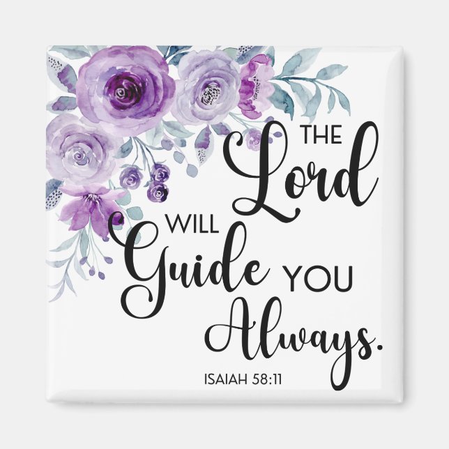 Isaiah 58:11 Purple Floral Christian Bible Verse Magnet (Front)