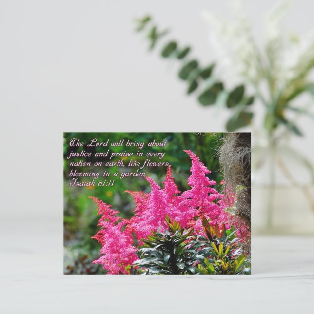 Isaiah 61:11 Pink Floral Inspirational Postcard (Standing Front)