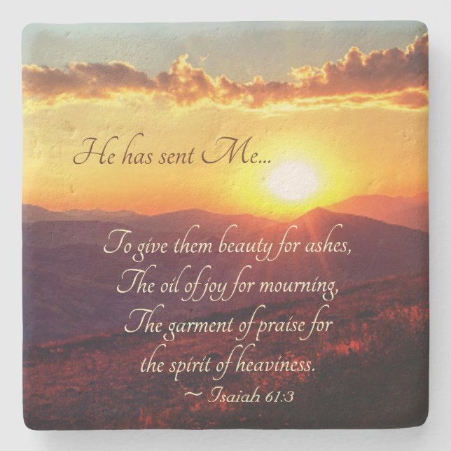 Isaiah 61:3 Beauty for Ashes, Bible Verse Stone Coaster (Front)