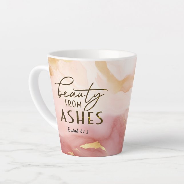 Isaiah 61 3 Beauty from Ashes Bible Verse Pink Latte Mug (Left Angle)