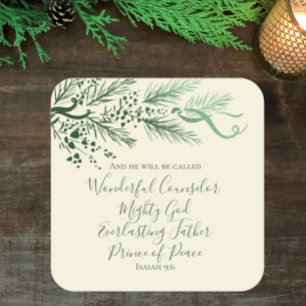 Isaiah 9:6 Elegant Unique Greenery Pine Christmas Square Sticker