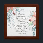 Isaiah 9:6 He will be called Wonderful...Christmas Gift Box<br><div class="desc">Beautiful inspirational quote Christmas Wooden Jewellery Keepsake Box depicts watercolor poinsettia bouquets and features a portion of Bible Verse Isaiah 9:6,  "For unto us a child is born. He will be called Wonderful,  Counsellor,  Mighty God,  Everlasting Father,  Prince of Peace."</div>