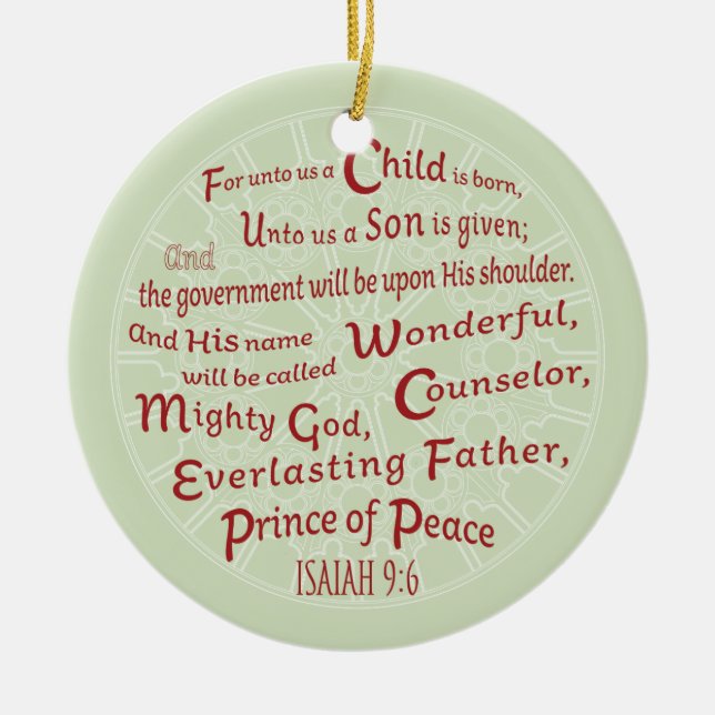 Isaiah 9:6 in Christmas Colours Ceramic Tree Decoration (Front)
