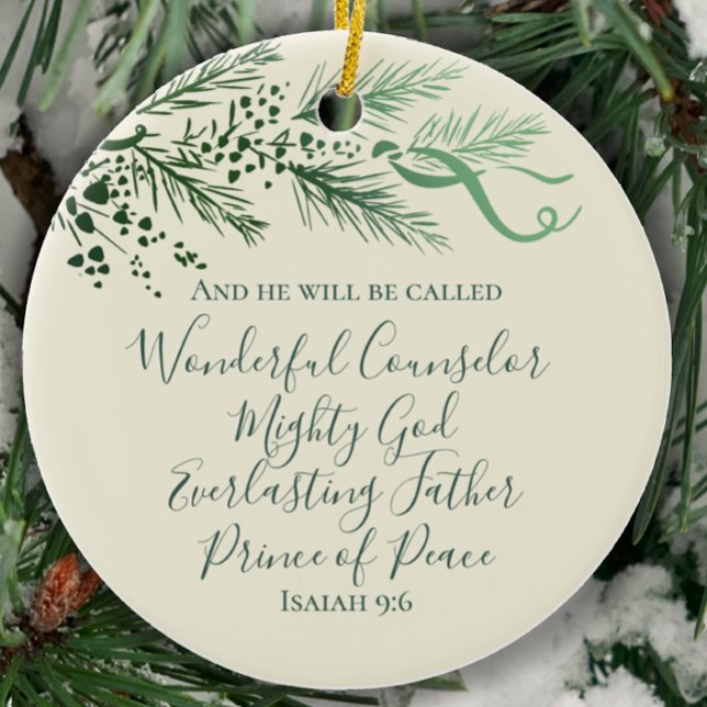 Isaiah 9:6 Personalised Modern Pine Christmas Gift Ceramic Tree Decoration (Isaiah 9:6 Personalized Christian scripture Christmas ornament. Hand drawn pine, elegant custom gift)