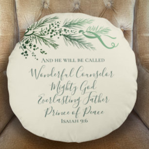 Isaiah 9:6 Personalised Modern Pine Christmas Gift Round Cushion