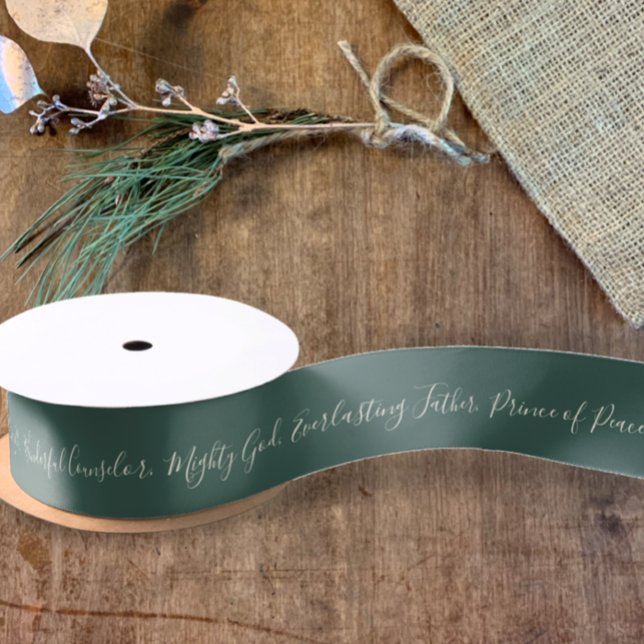 Isaiah 9:6 Prince of Peace Elegant Green Christmas Satin Ribbon (Isaiah 9:6 Prince of Peace Christmas faith scripture in modern elegant script on green gift ribbon 
)