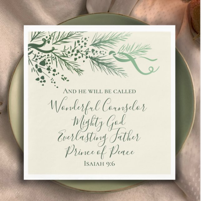Isaiah 9:6 Scripture Custom Modern Pine Christmas Napkin (Add faith and elegance to your Christmas table with my hand drawn pine and bows. Isaiah 9:6 verse.
)
