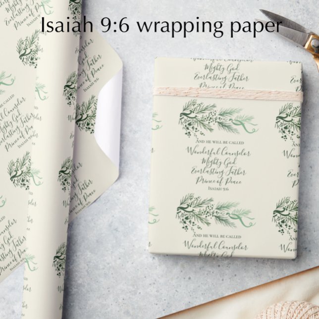 Isaiah 9:6 Scripture Custom Modern Pine Christmas Wrapping Paper (Isaiah 9:6 original pine Christmas wrapping paper. Cream and sage elegant scripture gift wrap.)