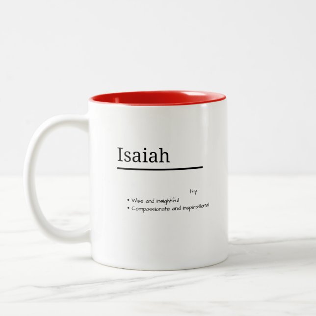 Isaiah, Boy Personalised Name Definition Two-Tone Coffee Mug (Left)