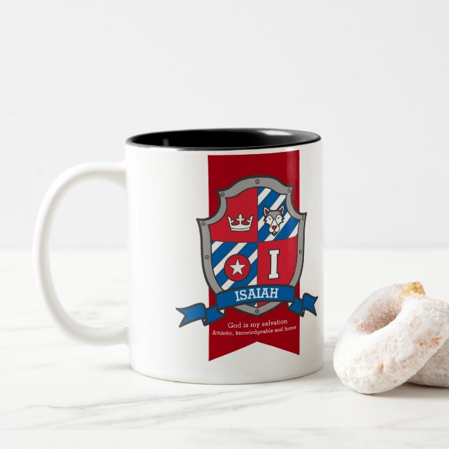 Isaiah knight shield red blue name meaning mug (With Donut)