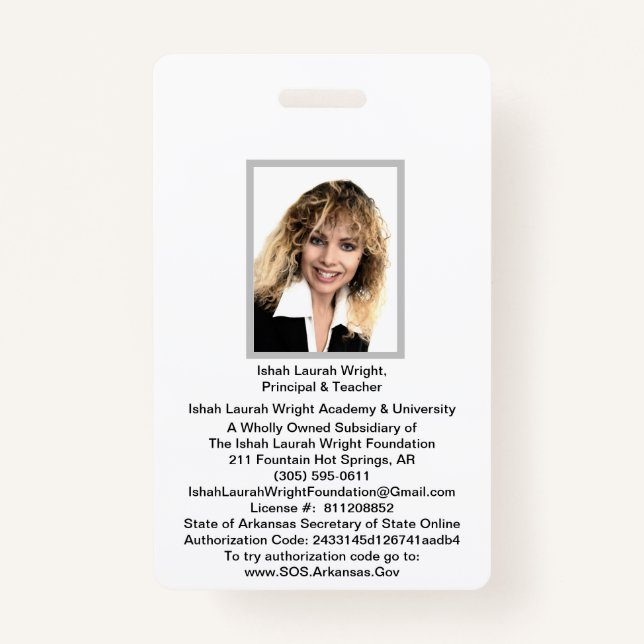 Ishah Laurah Wright Academy And University ID Badge (Front)