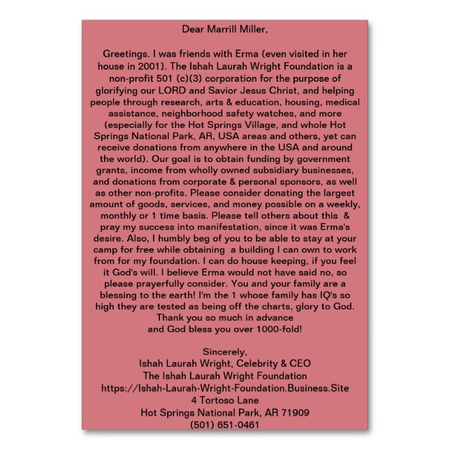 Ishah Laurah Wright Foundation Table Number (Back)