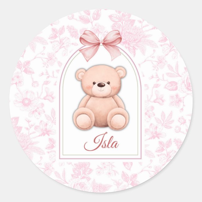 Isla | Custom Pink Teddy Bear Nursery Design  Classic Round Sticker (Front)