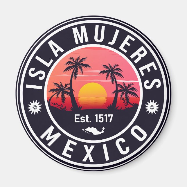 Isla Mujeres Mexico Retro Sunset Souvenirs Palm Magnet (Front)