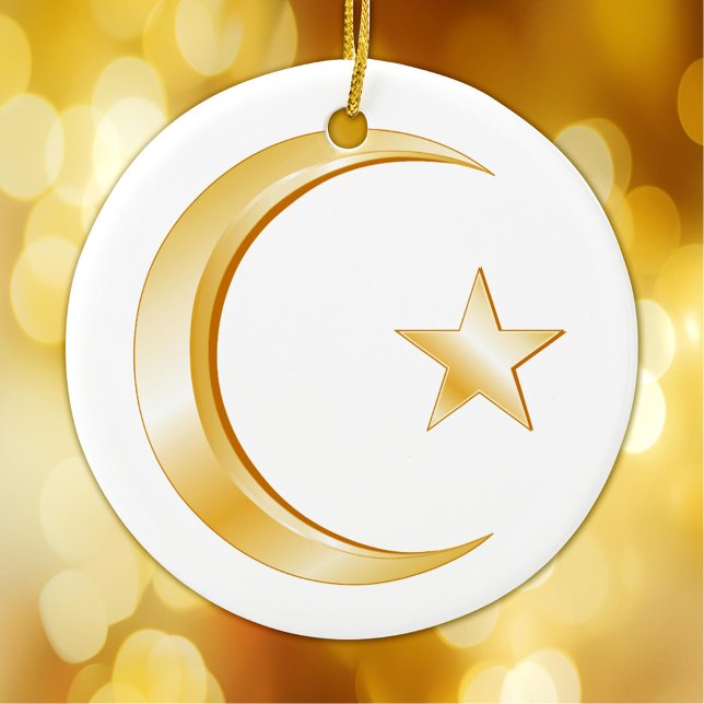 Islam, Gold Symbol Ceramic Tree Decoration (Crescent moon and star, symbol of Islam. Customize with your own text or message.)