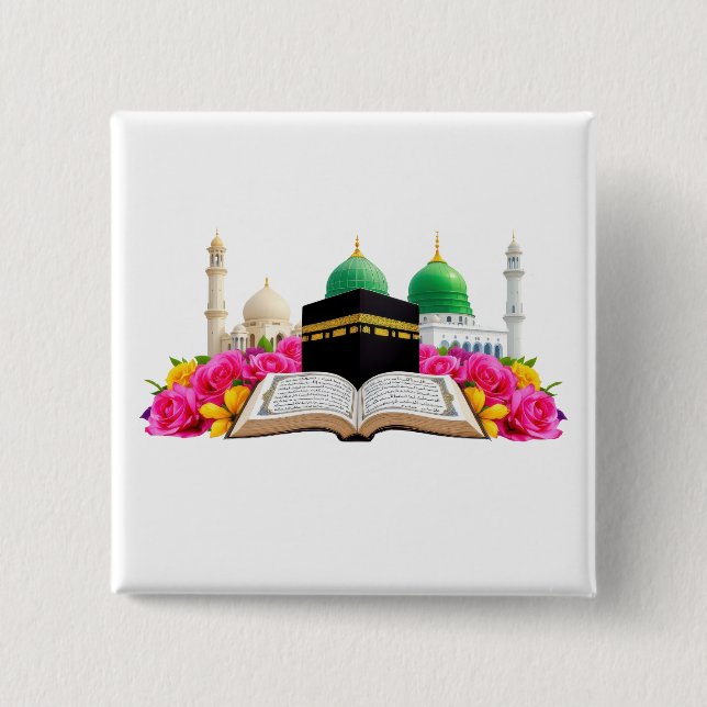 Islamic Art Quran With Mosque And Roses 15 Cm Square Badge (Front)