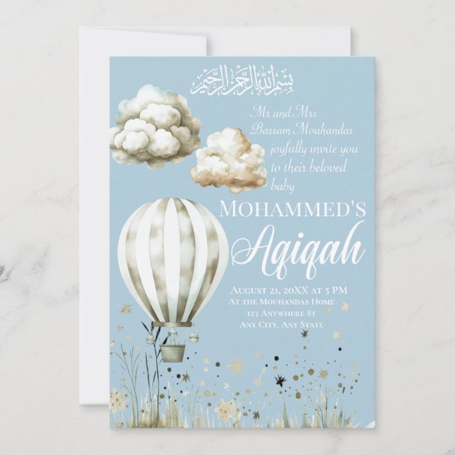  Islamic Baby Boy Aqiqah Invitation (Front)