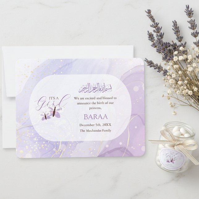 Islamic Baby Girl Aqeeqah Birth Announcement Card (Creator Uploaded)