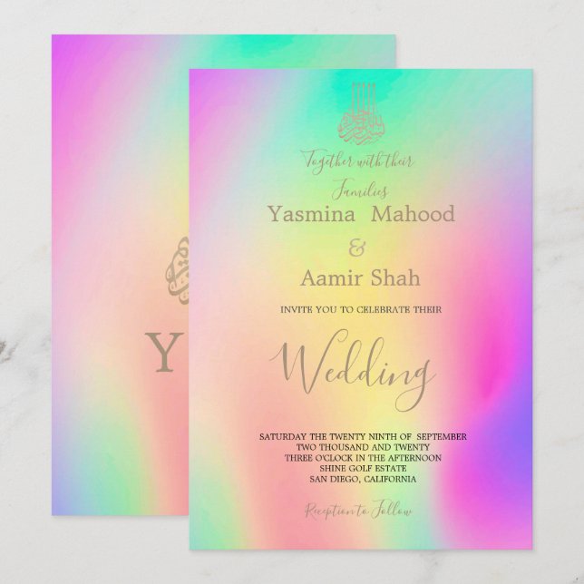 Islamic Bismillah Colourful Chic Modern Wedding  Invitation (Front/Back)