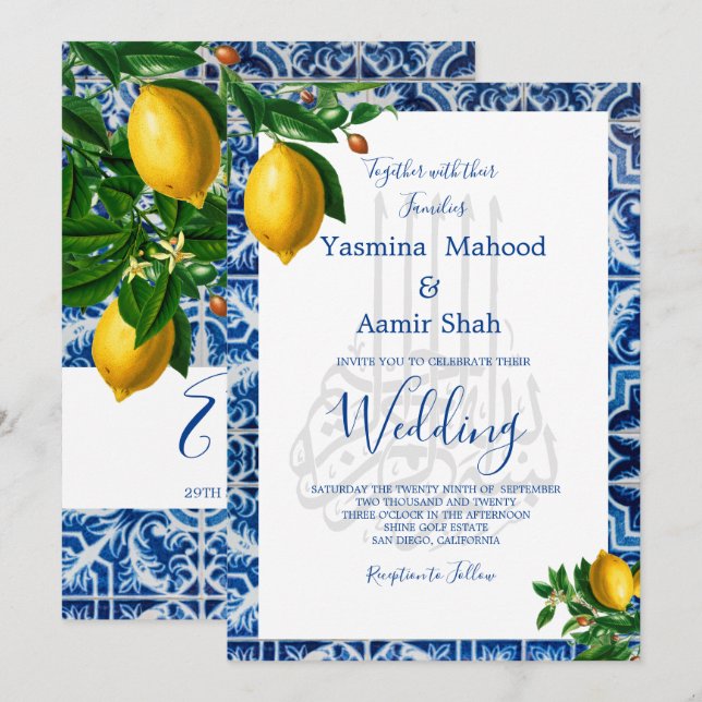 Islamic Bismillah Lemons Blue White Tile Monogram Invitation (Front/Back)