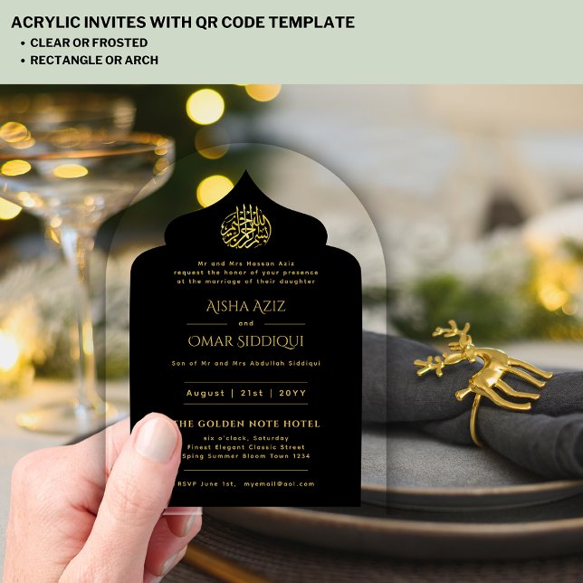 Islamic Black Gold Nikah Muslim Mosque Elegant Acrylic Invitations (Creator Uploaded)