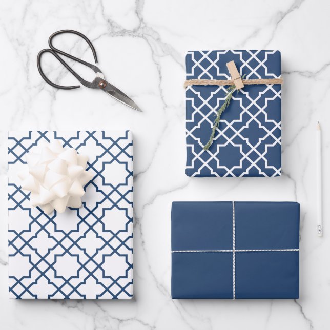 Islamic Blue Arabesque Pattern Gift Wrapping Paper (Front)