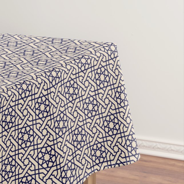 Islamic Blue Beige Moroccan Geometric Pattern Tablecloth (In Situ)