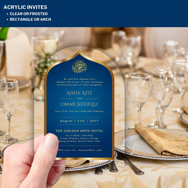 Islamic Blue Gold Nikah Muslim Wedding Elegant Acrylic Invitations (Creator Uploaded)