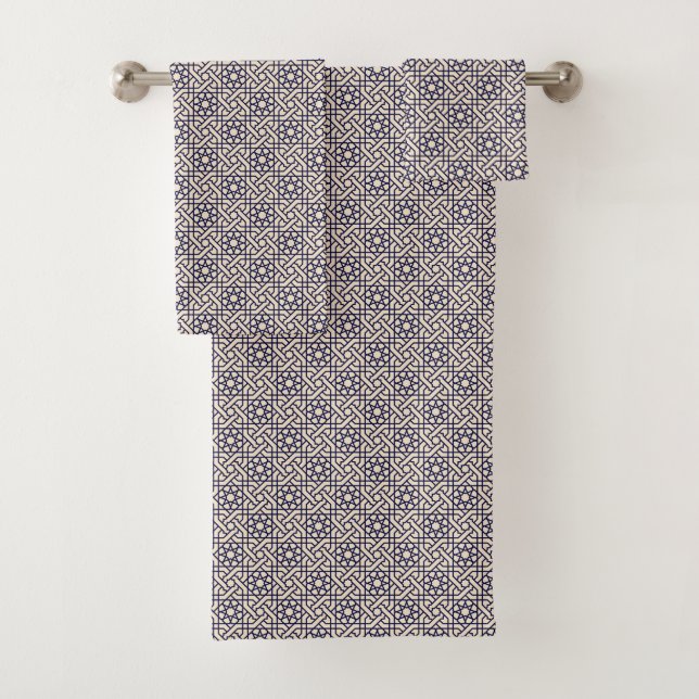 Islamic Blue White Moroccan Geometric Pattern Bath Towel Set (Insitu)