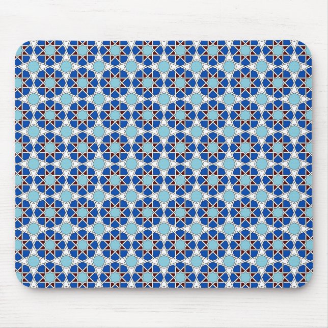 Islamic Blue White Moroccan Geometric Pattern Mouse Mat (Front)