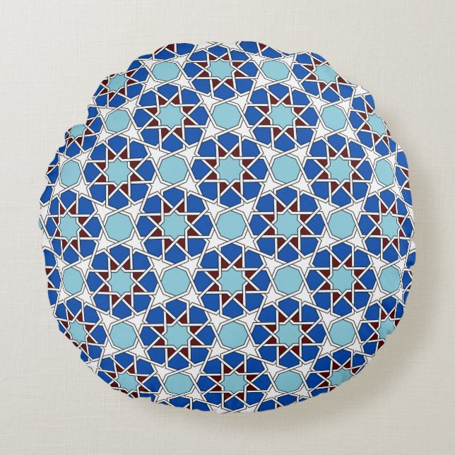 Islamic Blue White Moroccan Geometric Pattern Round Cushion (Front)